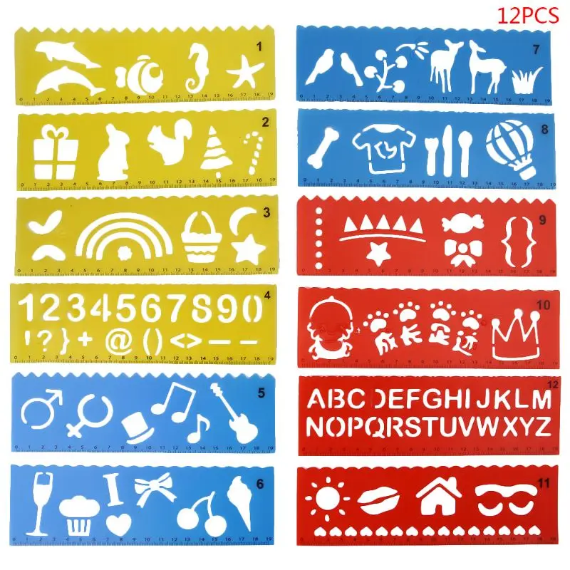 12 шт. Детские Мультяшные формы для рисования линейка пластиковые детские