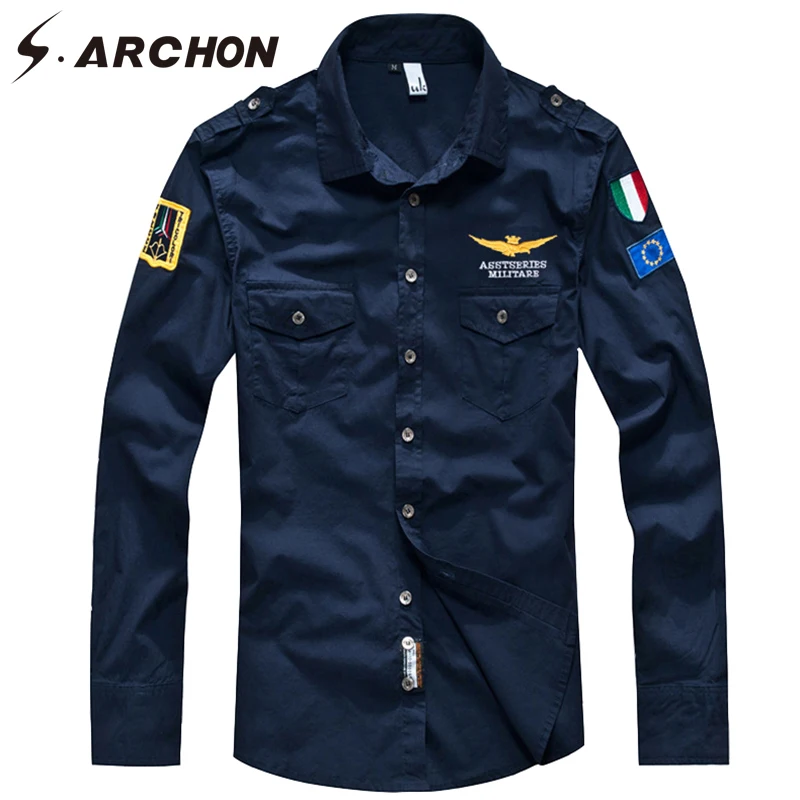 S. ARCHON MA1 US Army Air Force Pilot тактическая рубашка мужская с длинным рукавом вышивка дышащий хлопок военная летная рубашка размера плюс