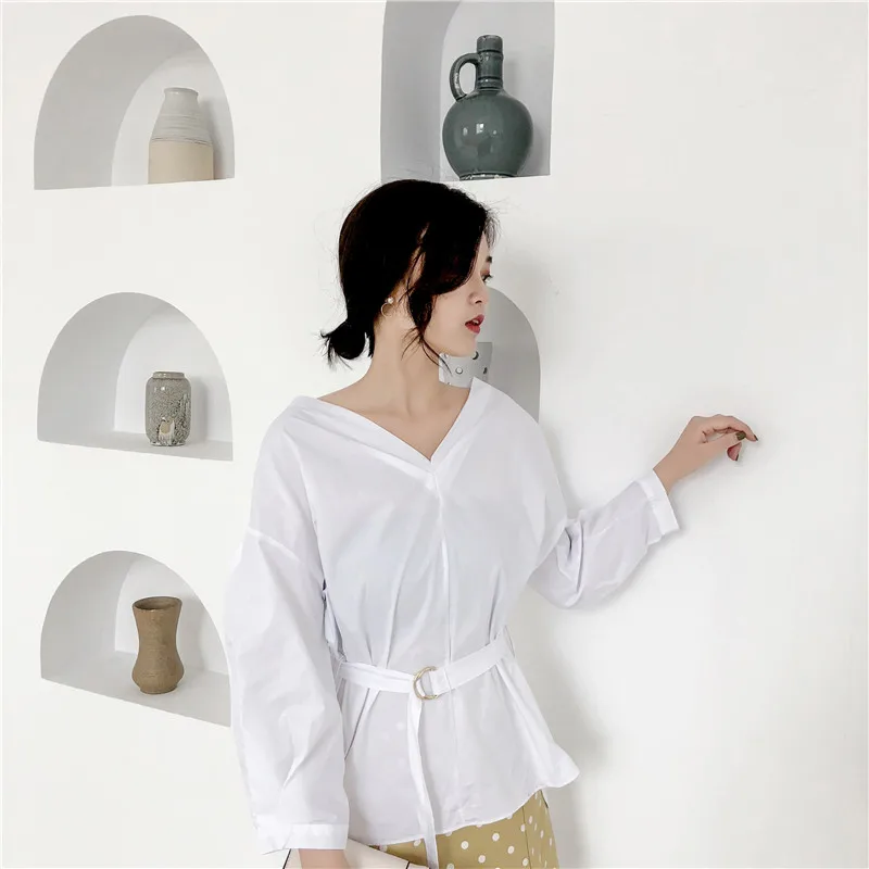 Lychee девушки на шнуровке Блузка с поясом Глубокий V образным вырезом три четверти