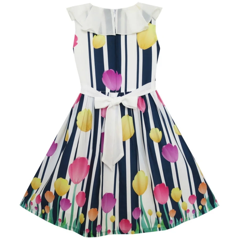 Flower Girl Dress Turn-Down Collar Tulip Striped Chiffon 2020 Summer Princess Wedding Party Dresses Size 7-14 Carnival Vestidos | Детская