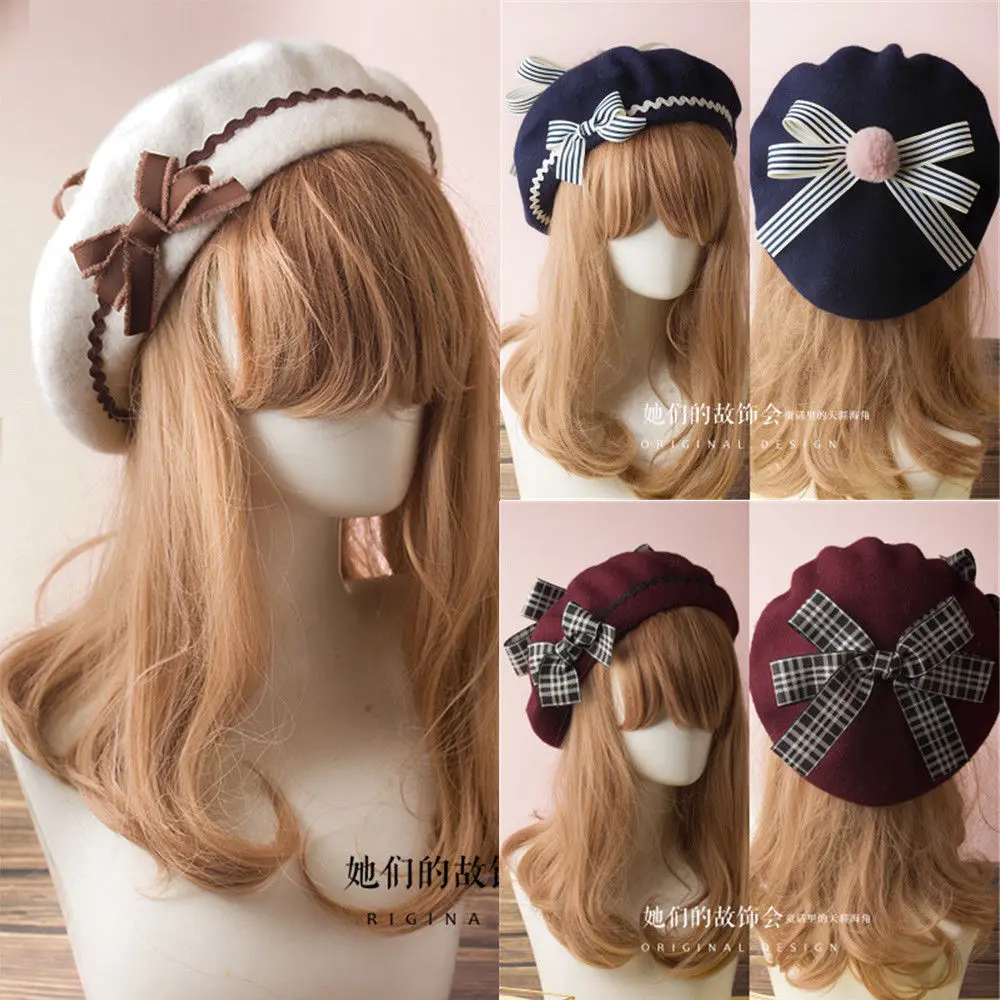 

Japanese Lolita Hat French Beret Wool Hat Stripe Bow Tie Raised Grain Venonat Girl Women Classic Painter Cap 17 Colors