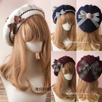 japanese lolita hat french beret wool hat stripe bow tie raised grain venonat girl women classic painter cap 17 colors