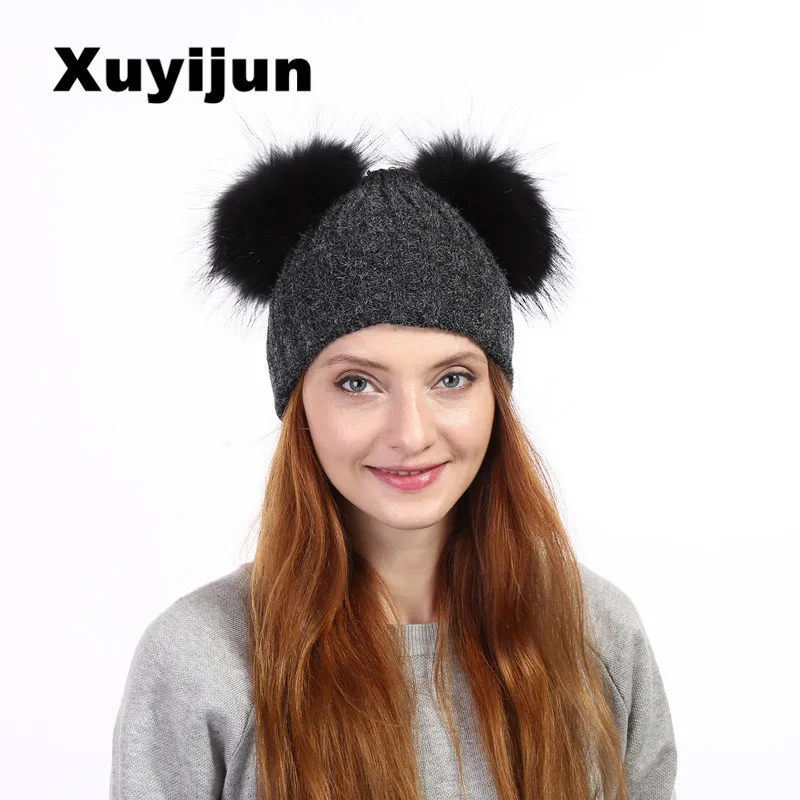 Xuyijun натуральный мех двойной помпонами мяч согреться зимняя шапка для женщин