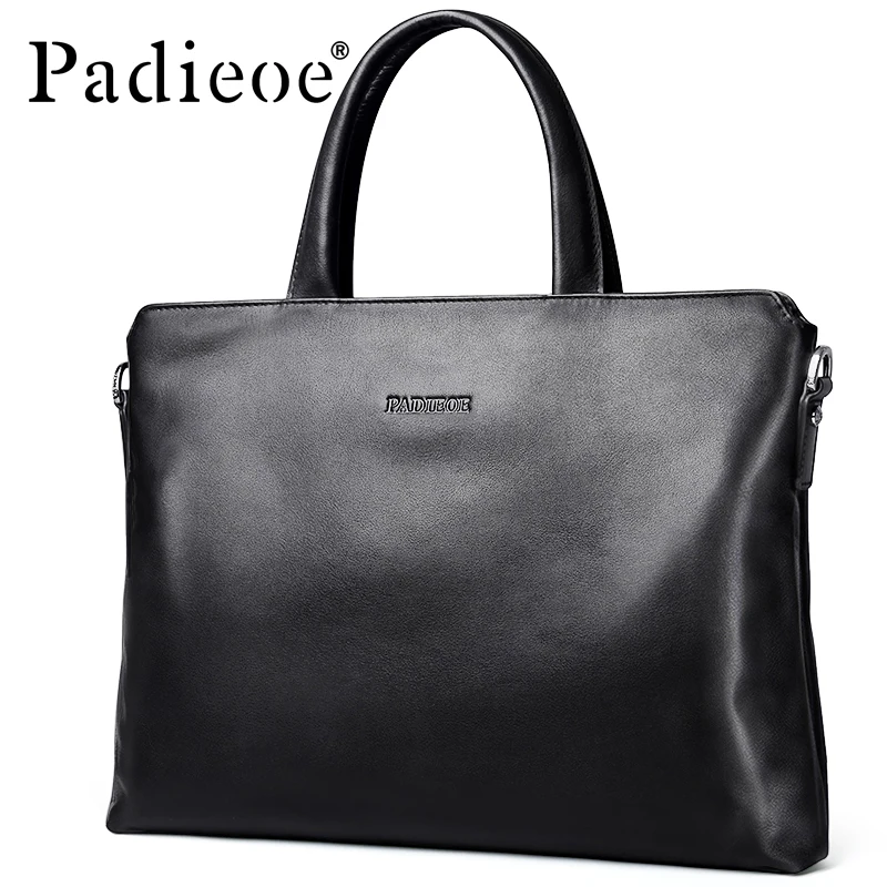 Padieoe New Designer Brand Genuine Cow Leather Men's Briefcase Fashion Solid Color Mens Shoulder Bag Business Laptop Bag