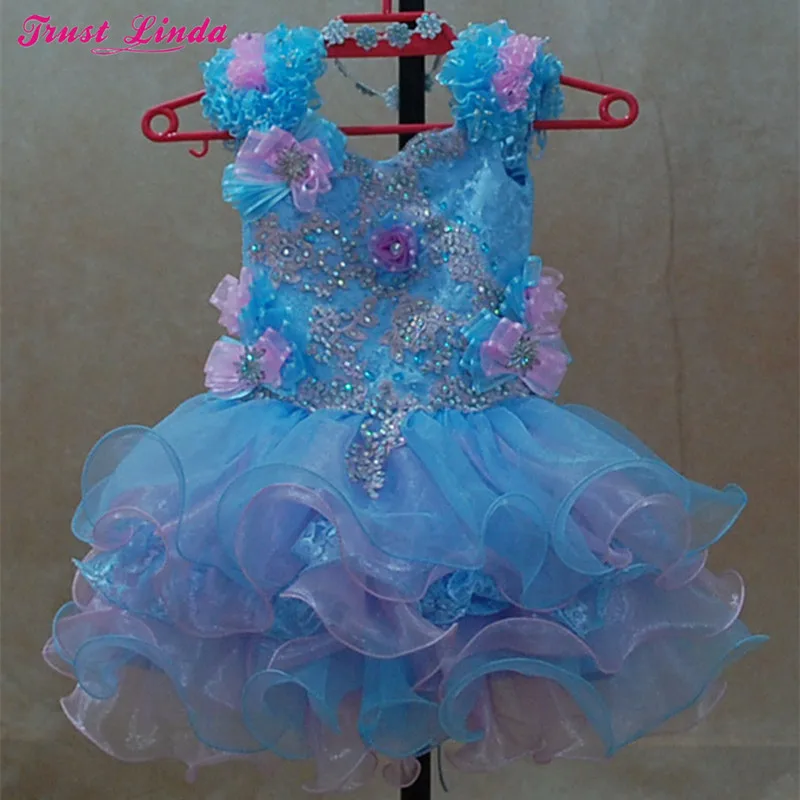 

Real Colorful Cute Organza Flower Girls Dresses Beads Crystals Bow Toddler Mini Cupcakes Ball Gown Little Kids Pageant Dresses