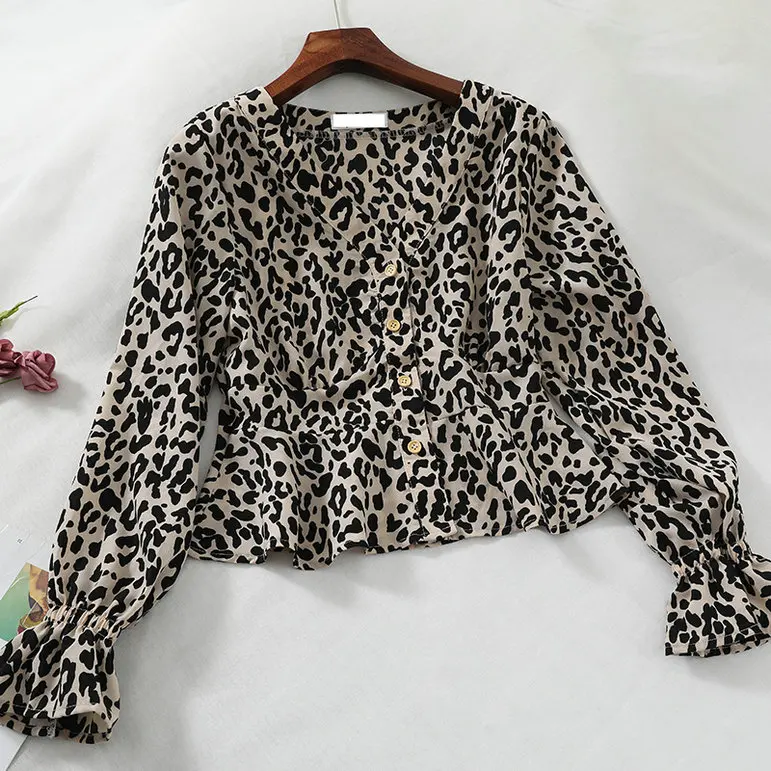 Women Shirt Элегантная женская рубашка с расклешенными рукавами и v-образным вырезом, леопардовая Базовая рубашка с оборками, повседневный короткий тонкий кардиган с высокой талией, шифоновая блуза на пуговицах, топы - Цвет: Women Shirt