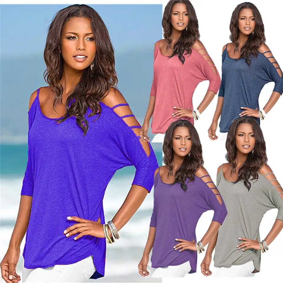 Весенняя Новая модная Однотонная футболка с открытыми плечами|Женские