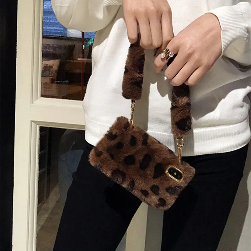 

Luxury Fashion Winter Warm Diamond Handbag Leopard Rabbit Fur Fluffy Case Cover For iPhone 11 Pro Max XS Max XR X 8 7 6 6S Plus