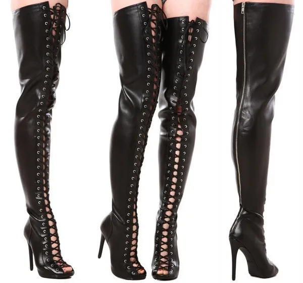 Сексуальная Peep Toe Черная Кожа Над Коленом Сапоги на шнуровке Повязку Плотно Высокие Сандалии Ботинки Женщин Туфли Летние размер 44/45