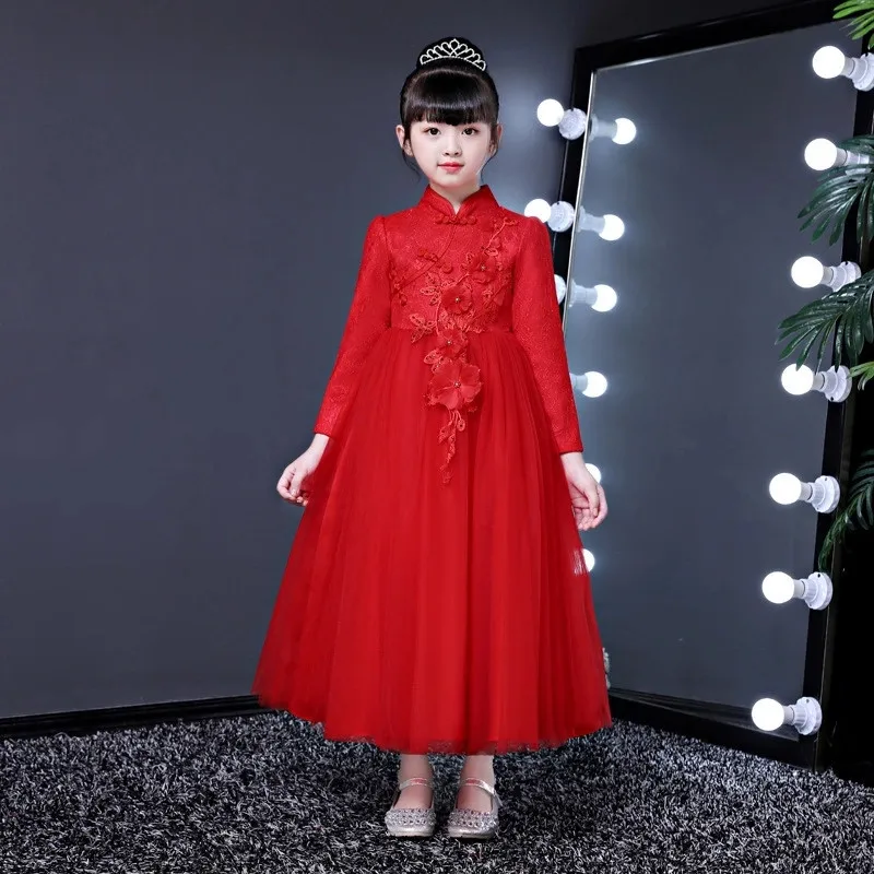 long red С цветочным рисунком для маленьких девочек Cheongsam Qipao платье для детей с новогодней елкой, бумажный новогодние костюмы Ткань Детские платья Свадебный костюм, одежда - Цвет: long red