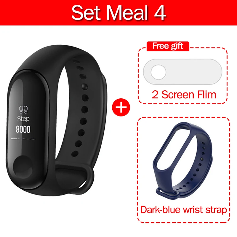 Смарт-браслет Origina Xiaomi Mi Band 3 OLED с сенсорным экраном 0,7" дисплей для сообщений, погода, фитнес-трекер, умные часы - Цвет: Add Dark-blue Strap
