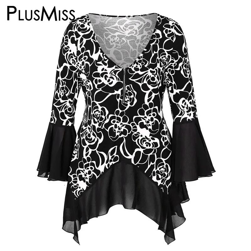 PlusMiss размера плюс XXXXXL с цветочным принтом расклешенные рукава блузка v-образным