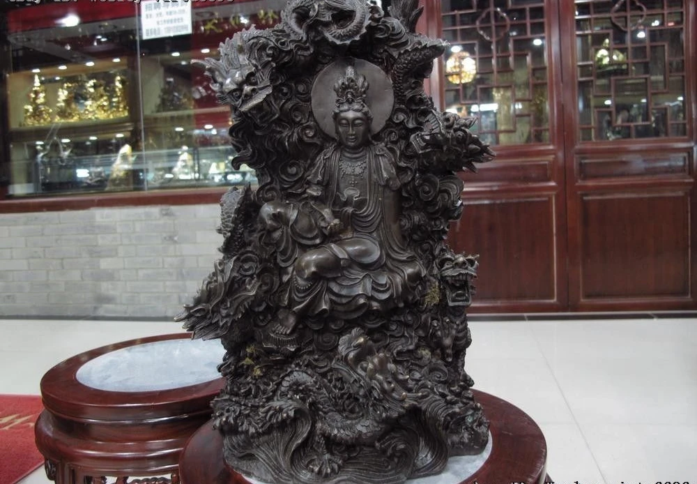 Храм фиолетовый бронзовый медный Sit five Dragon Guan yin kwan статуя Бодхисаттвы|Статуи и