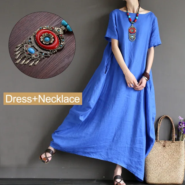 Blue and Necklace Хлопковое льняное женское платье макси размера плюс, однотонное белое весеннее винтажное платье с длинным рукавом и круглым вырезом, женское Повседневное платье Sukienki 5XL - Цвет: Blue and Necklace