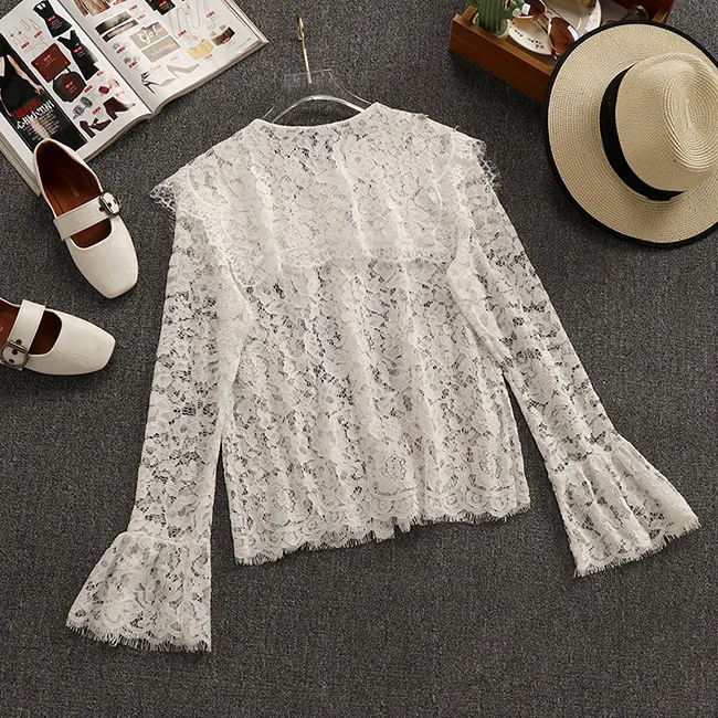 2019 Spring New Fairy Hollowed Peter Pan Collar White Lace Women Shirts Flare Sleeve Full Sleeves Tops For Free Shipping |