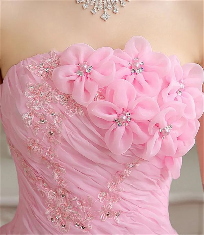Настоящая фотография, vestido de noiva de, новинка, корейский стиль, цветы, без бретелек, розовый, красный, принцесса, свадебное платье, на шнуровке, бальное платье