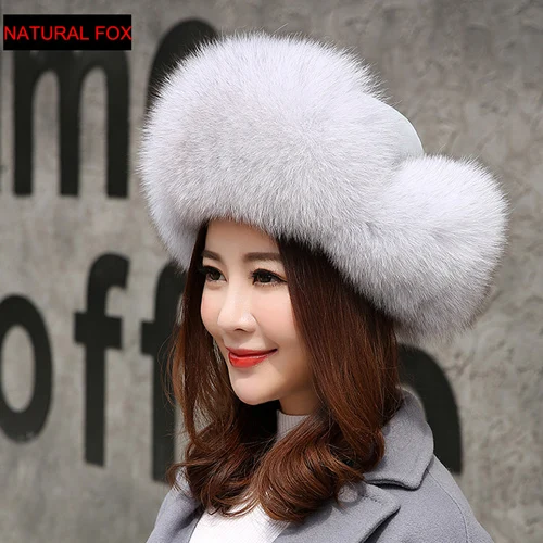 natural fox Россия натуральный Лисий меховая шапка зимняя теплая Женская натуральный мех лисы качественная шапка из натурального Лисьего меха меховые шапки-бомберы - Цвет: natural fox