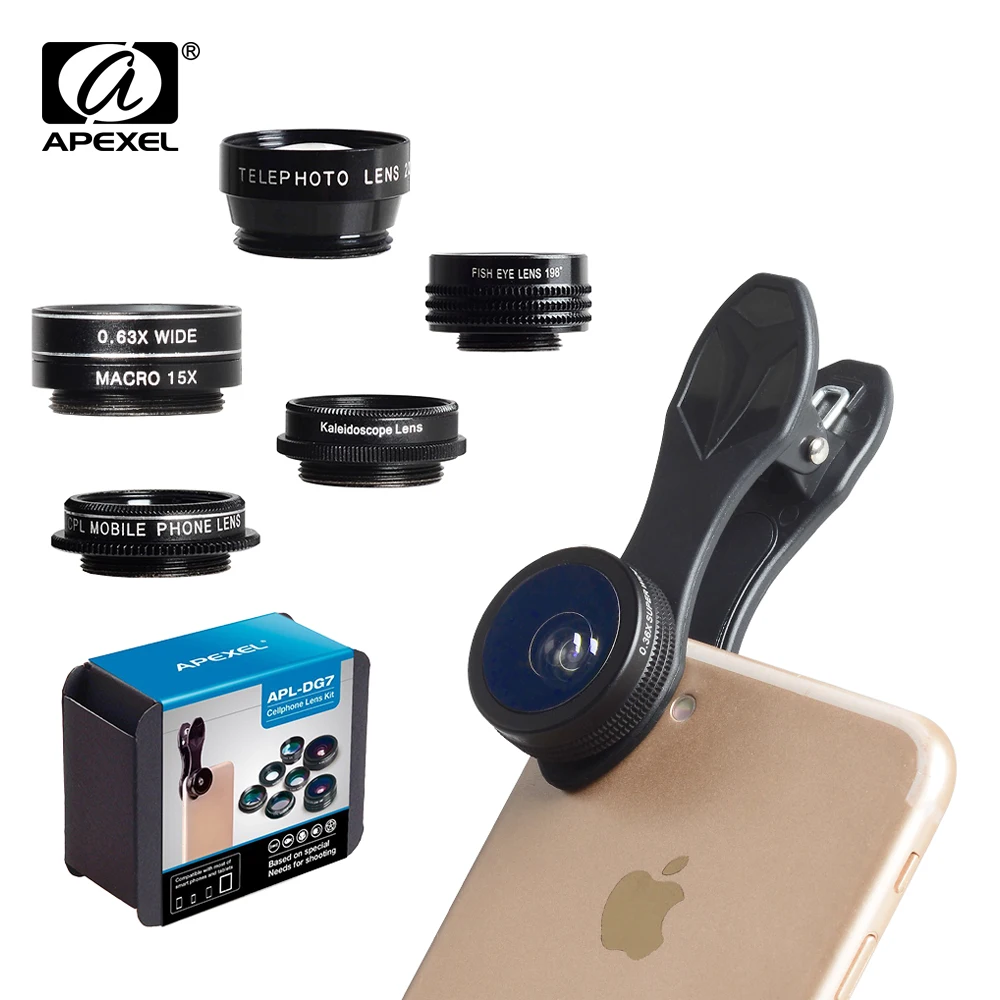 APEXEL объектив камеры 7в1 в мобильный телефон рыбий глаз Широкоугольный макро