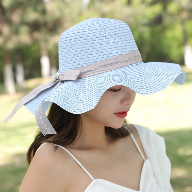 Letter Ribbon Bow Big Wave Women Summer Straw Hat Sun Visor Hats Casual Adult Sky Blue Ladies Caps Beach Cap | Аксессуары для
