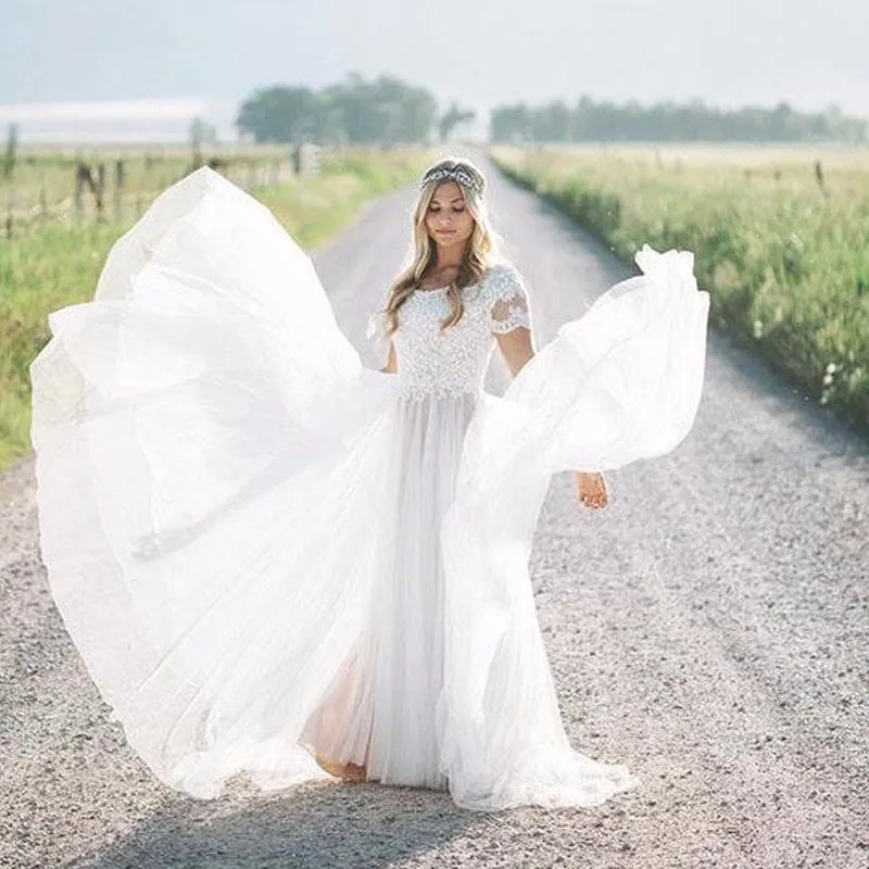 Винтажные богемные свадебные платья в стиле кантри с коротким рукавом 2019