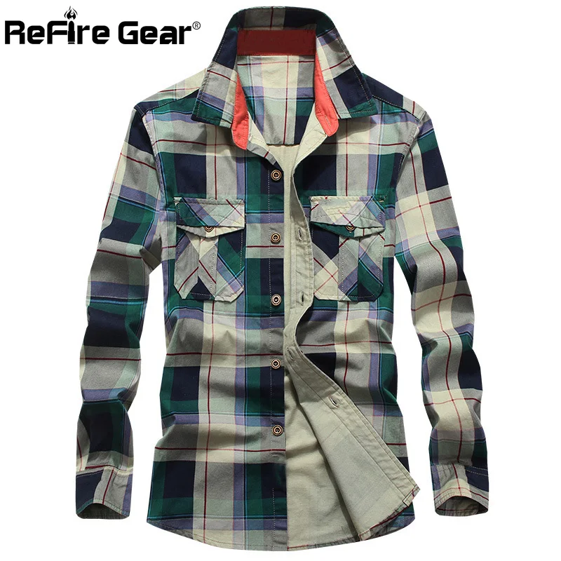Refire gear Весенняя клетчатая рубашка с длинным рукавом Мужская дышащая быстросохнущая Повседневная рубашка с карманами Мужская модная Осенняя клетчатая хлопковая рубашка