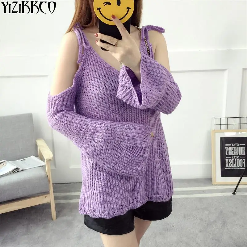 Cold Shoulder Cut Out Пуловеры для женщин сексуальная v-образным вырезом свитер Для с