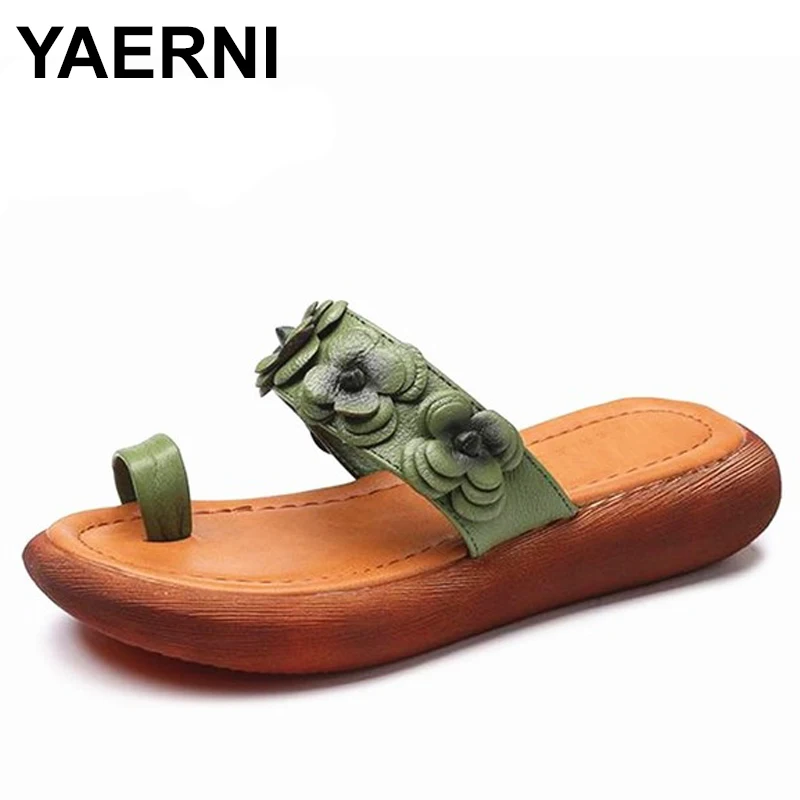 

YAERNI Woman sandals handmade flowers sweet flat sandals first layer genuine leather waterproof platform female slippers