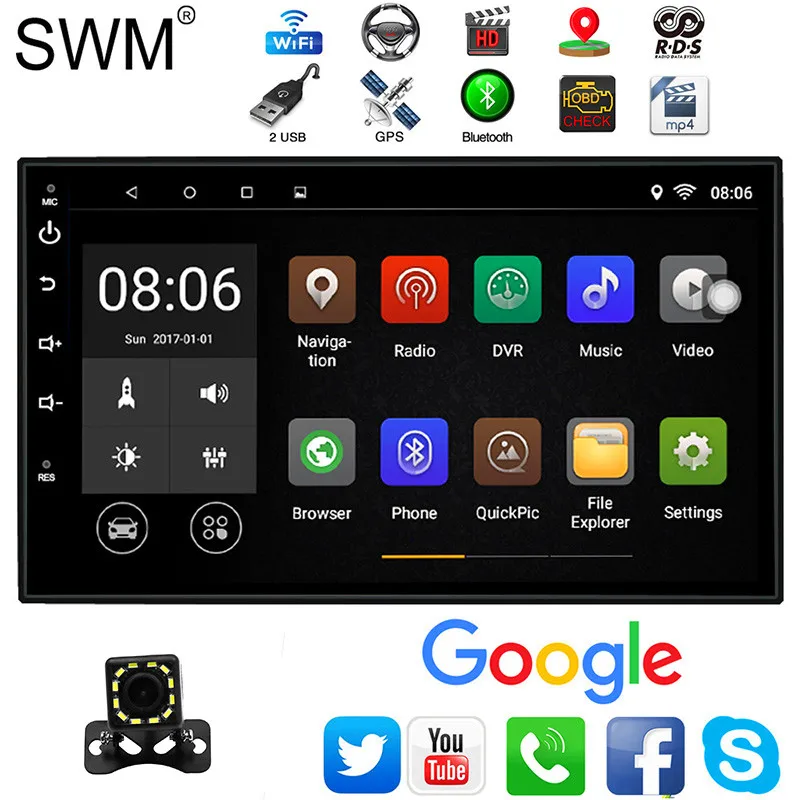 SWM 2din Android 7,1 Автомагнитола с сенсорным экраном RDS четырехъядерный 2 Din автомагнитола gps навигация Bluetooth зеркальная связь Авторадио USB - Цвет: Radio with Camera 2