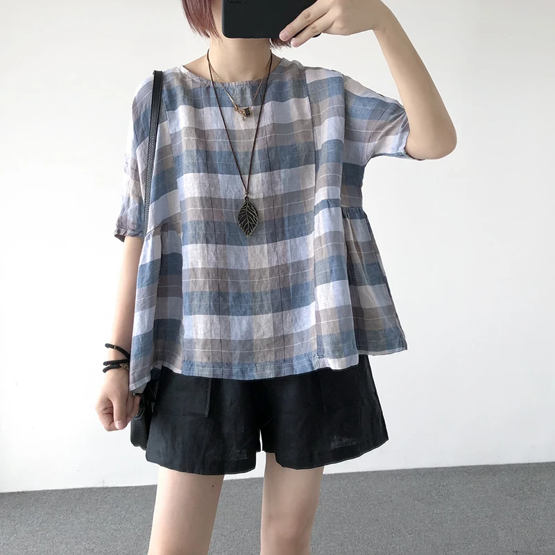 Женская свободная одежда из льна повседневный пуловер с коротким рукавом и