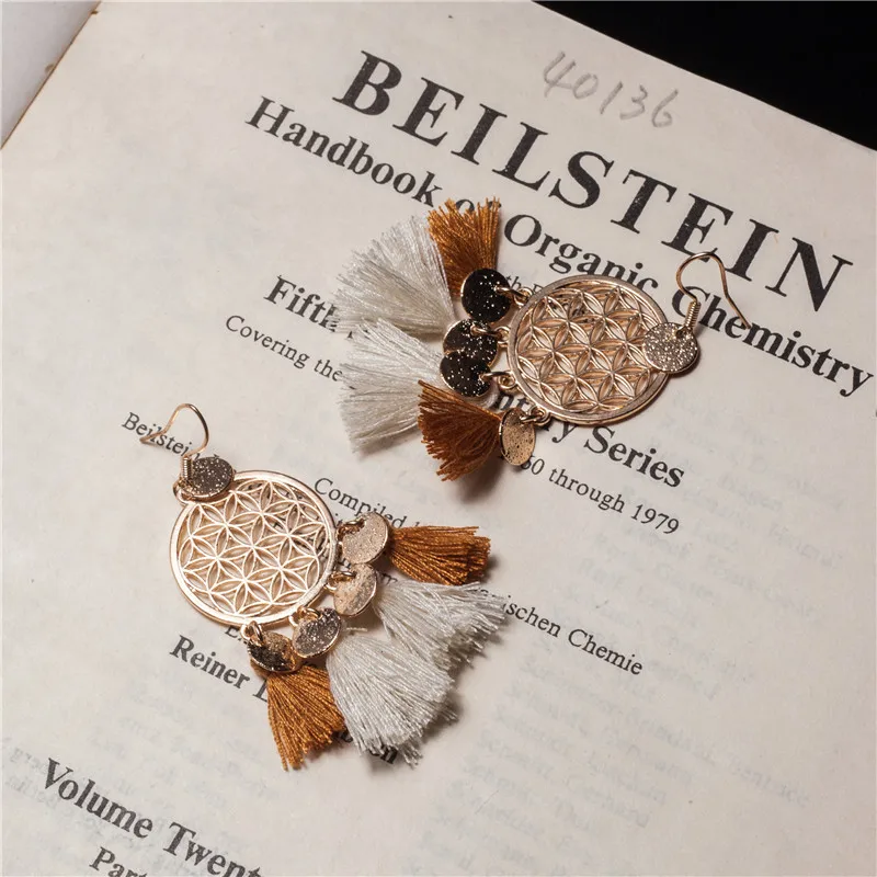 Круглые серьги-подвески в этническом стиле boho с кисточками, женские модные серьги в богемном стиле, винтажные Свадебные(бежевый+ коричневый