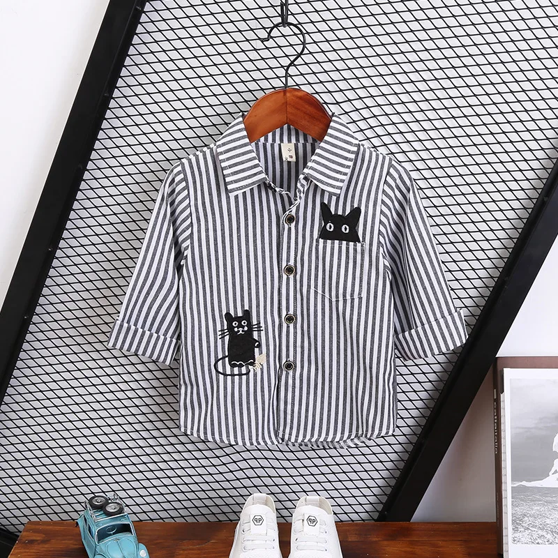 Рубашки для маленьких мальчиков рубашки с вышивкой в виде котенка из мультфильма