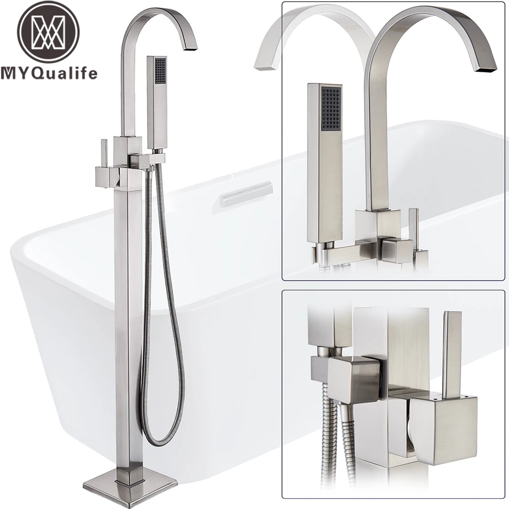 Brushed Nickel Shower Faucet Single Handle 8" Square Rainfall Shower Mixers with Handshower Height Adjustable Shower Pipe Faucet