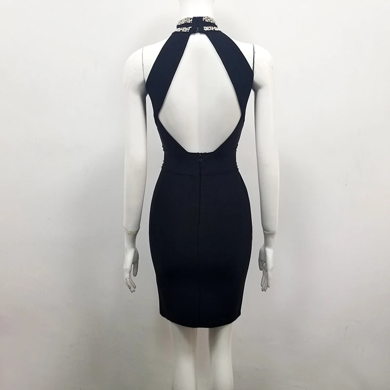 

Black Bandage Dress Halter Fashion Women Night Club Celebrity Party Dresses Beading Mini Sexy
