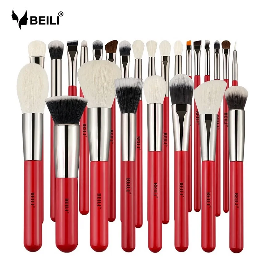 25 BEILI Red профессиональные натуральные кисти для макияжа волос набор пудры основа Румяна Тени для век бровей губ подводка для глаз, контур - Handle Color: 25
