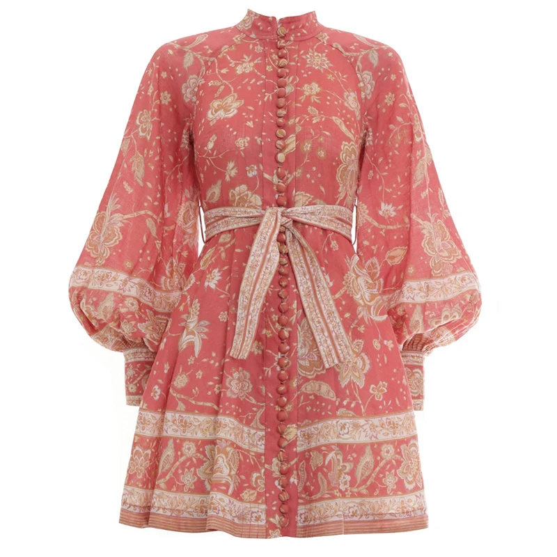 CHICEVER винтажные красные мини платья с цветочным принтом длинным рукавом и поясом