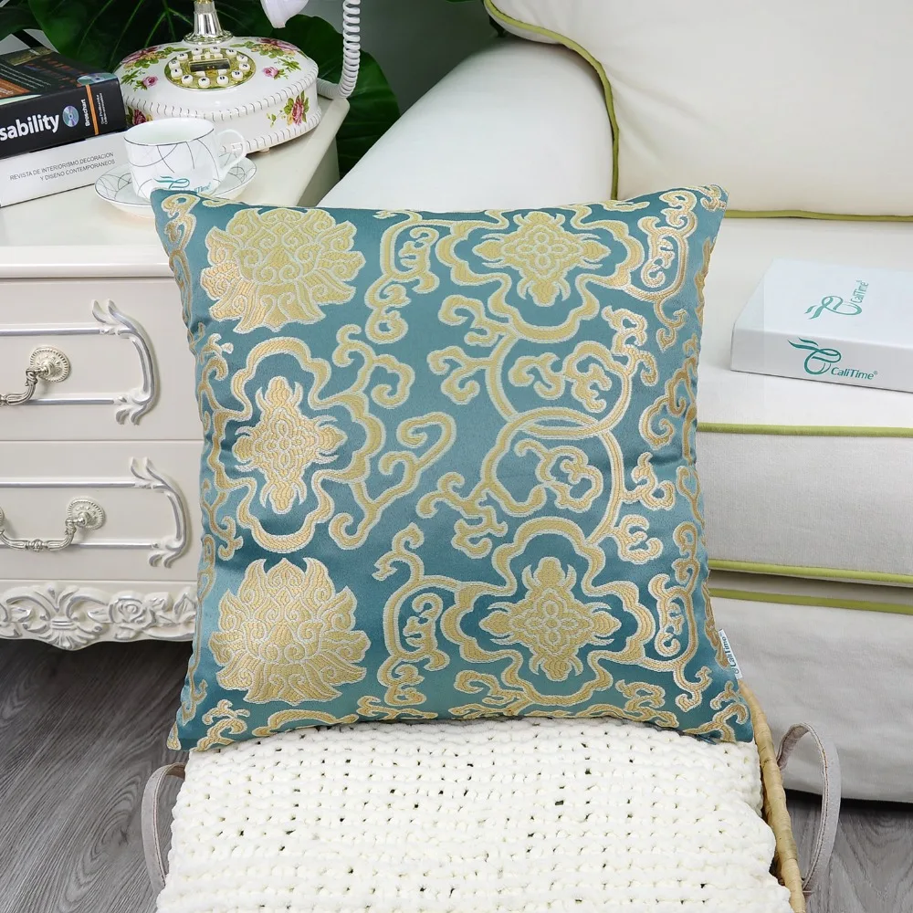 2PCS Square CaliTime Soft Throw Pillow Covers Cases for Couch Damask Floral Chain 18&quot X Teal | Дом и сад