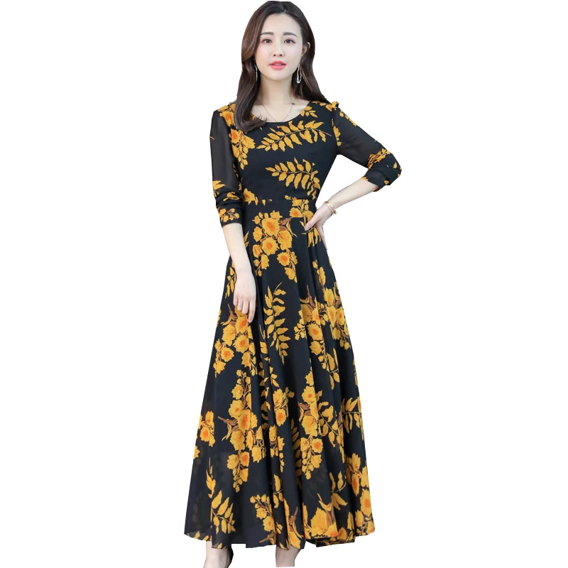 

2019 новые весенние платья с принтом женские средней длины тонкий Круглый воротник был тонкий и большая мода плюс размер платье с длинными ру...