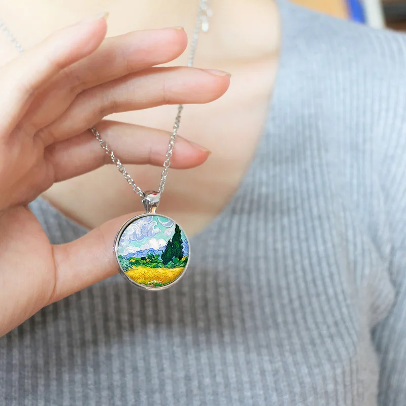 Винтаж Ван Гог пшеничное поле искусства стеклянный кабошон для кулона ожерелье