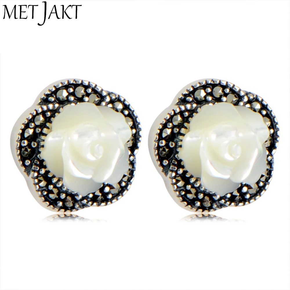 

MetJakt Natural Shell Stud Earrings & White Rose Earrings with Zircon Solid 925 Sterling Silver Jewelry for Women and Girl