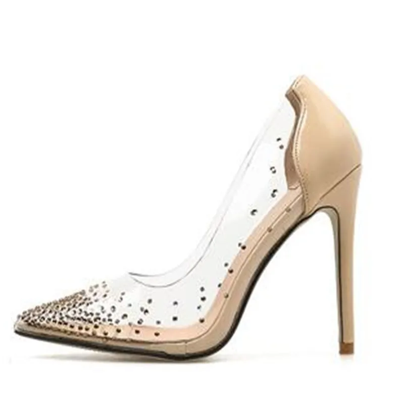 

Transparent Rhinestone women pumps Classical style Pointed toe high heels Chaussures femme Wedding pumps Plus size 35-40