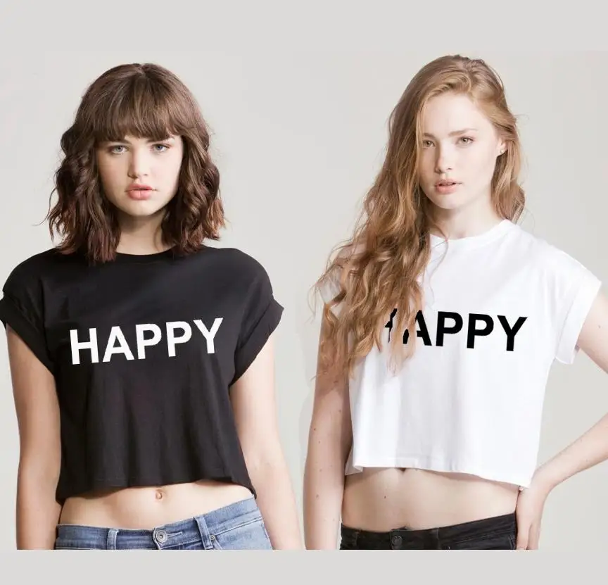 

HAPPY Letters Print Women Summer Crop Top Short Sexy Slim Funny Top Tee Hipster Black White TZ203-898