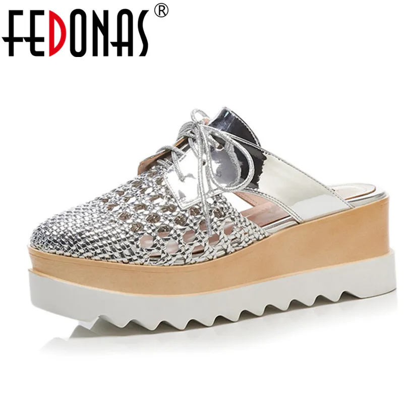 

FEDONAS Women Sandals Fashion Slippers Wedges High Heels Summer Platforms Shoes Woman High Quality Silver Brown Sandals Women