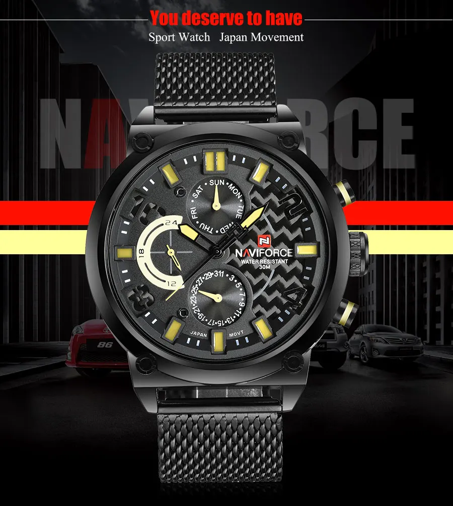 NAVIFORCE мужские модные повседневные кварцевые часы мужские 30 м водонепроницаемые спортивные часы черные из нержавеющей стали сетка 24 часа календарь часы