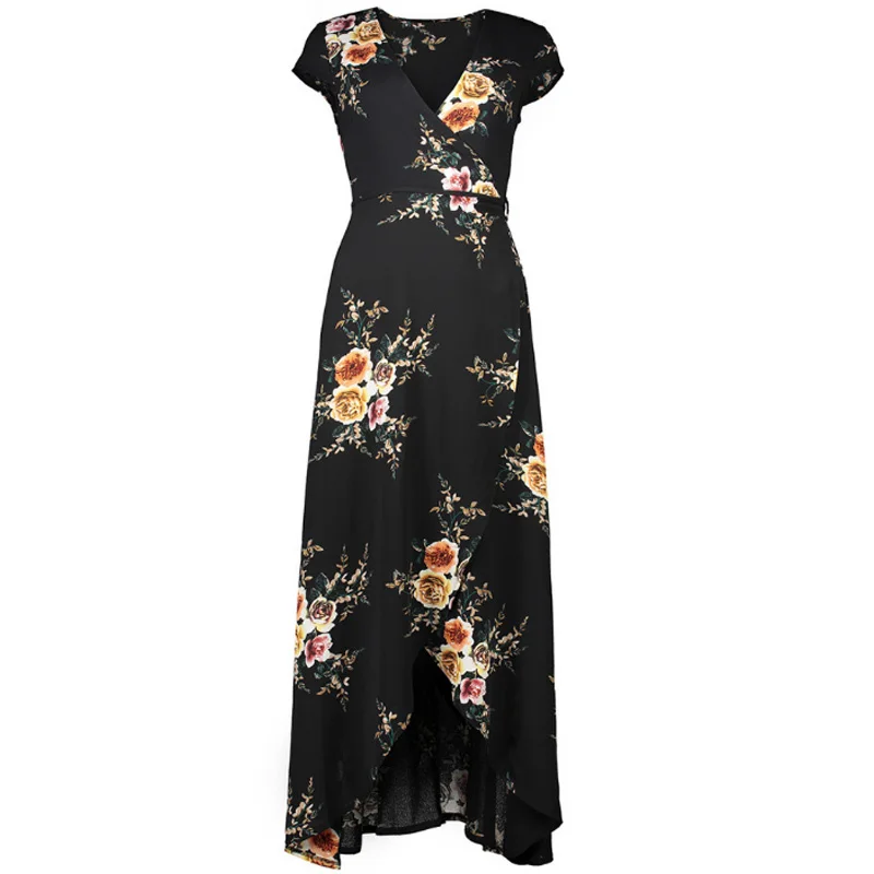 Женское длинное шифоновое платье с разрезом V-образным вырезом и цветочным