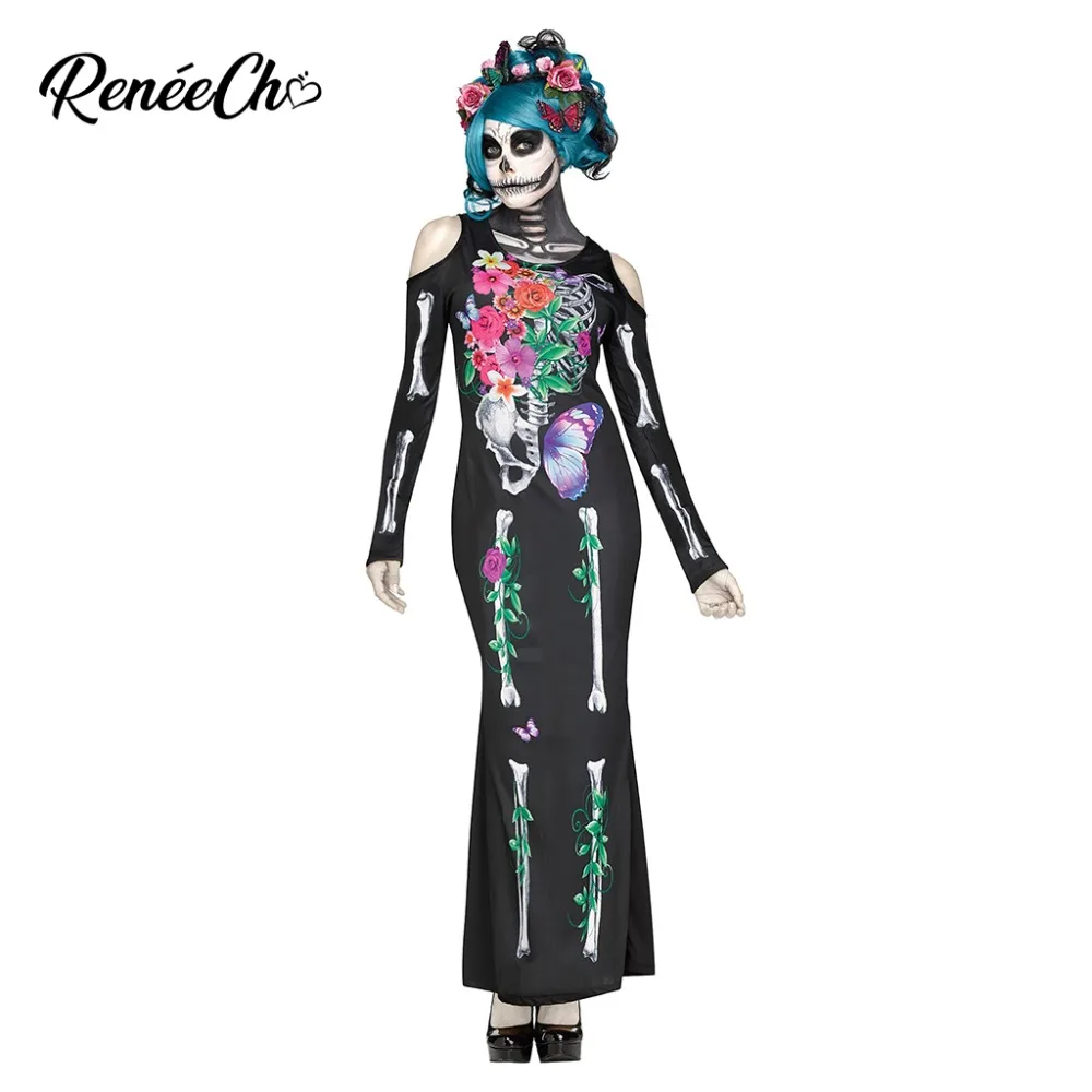

2018 Adult costume carnival Halloween Costumes For Women Beautiful Bones Costume black flower print off the shoulder long dress