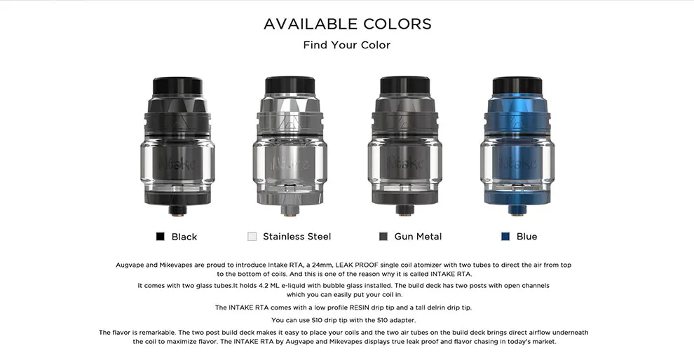 Augvape Впускной RTA бак 4,2 мл 24 мм с одной катушкой, максимальная емкость сока, герметичность, 510 нить, Атомайзеры для электронных сигарет RTA