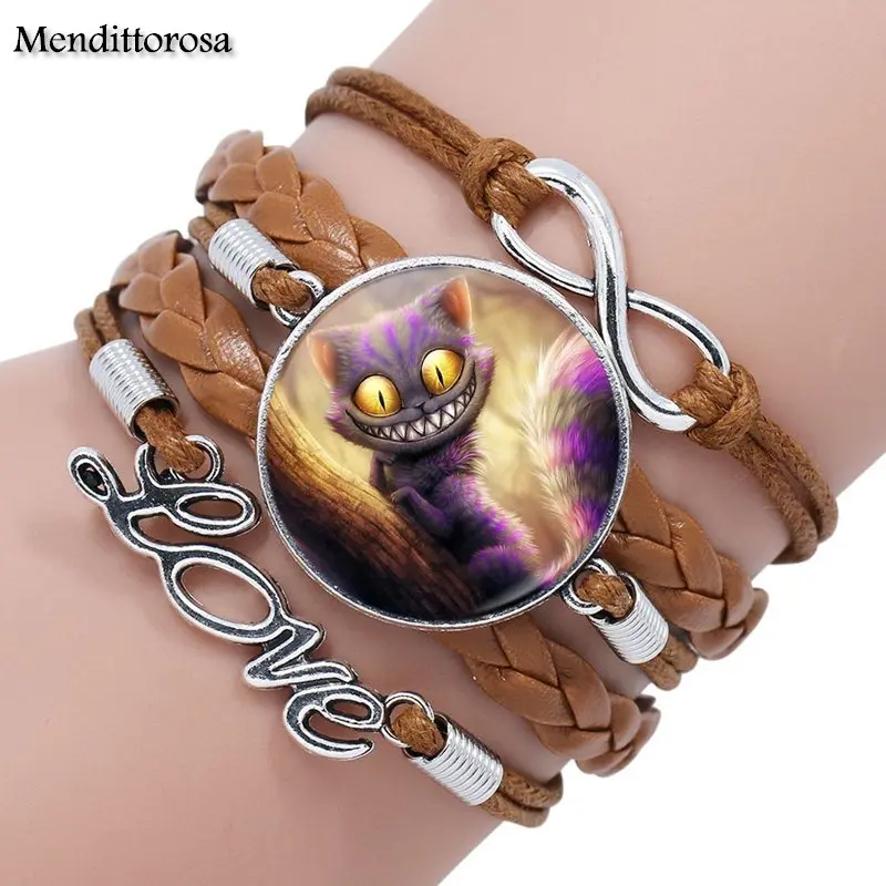 Mendittorosa Lovely Cat Fashion Glass Cabochon Multilayer Black/Brown Leather Bracelet Bangle Handmade Maxi Lovers Best Gifts | Украшения и