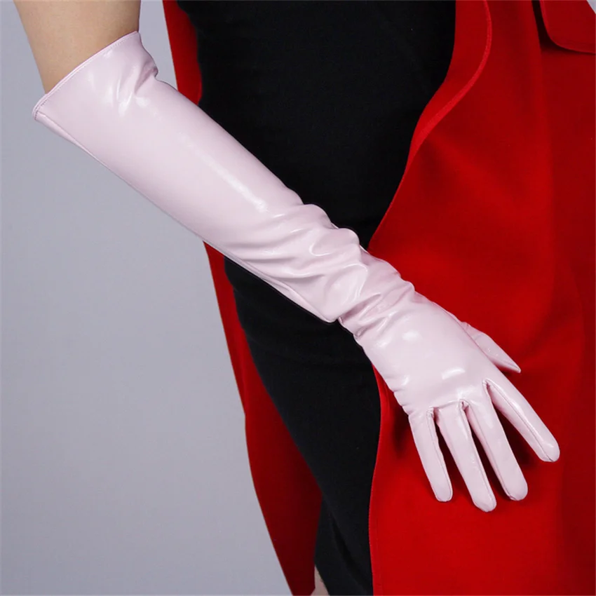 

Patent Leather Long Gloves 50cm Long Section Simulation Leather PU Leather Mirror Bright Skin Light Pink Cherry Powder QPFH50