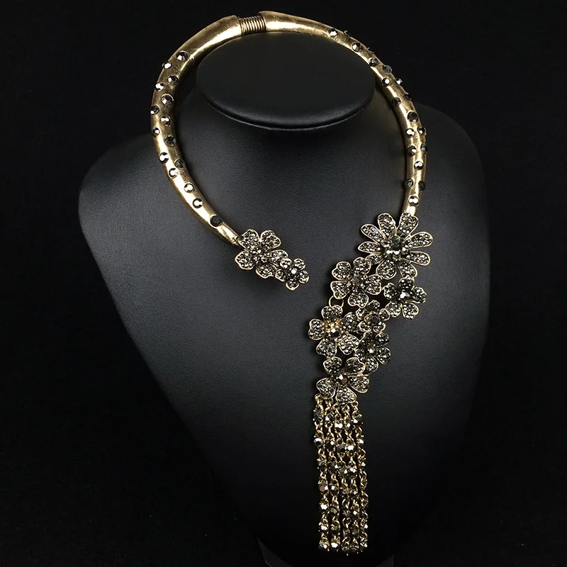 Vintage Ethnic Necklace Women Gold Opening Choker Tribal Female CZ Rhinestone Flower Long Tassel Big Statement | Украшения и