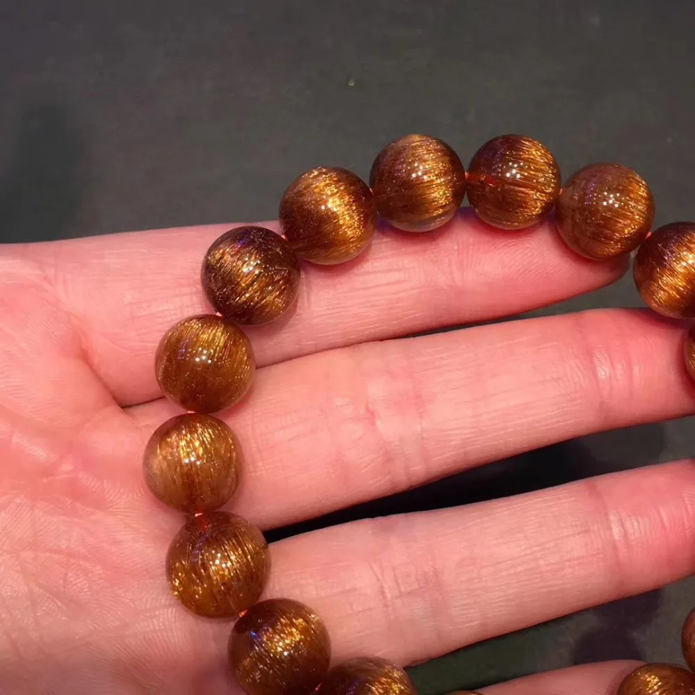 

11mm Genuine Natural Copper Rutilated Crystal Bracelet Quartz Round Beads Woman Lady Gift Gemstone Bracelets AAAAA